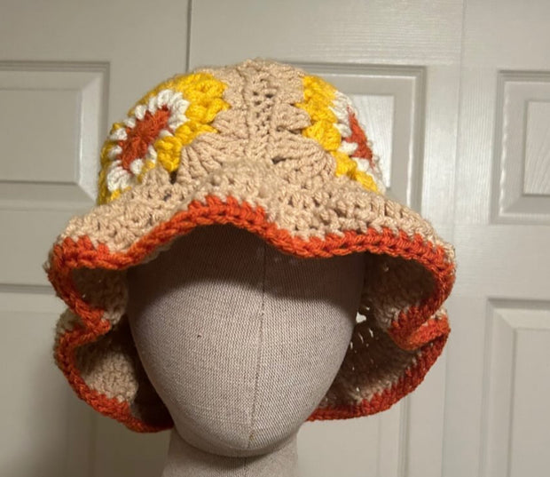 Hand Made KNIT CROCHET HAT (Orange and tan )