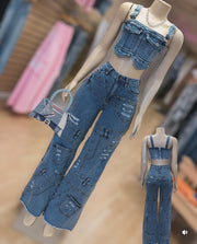 Buckle Strap Acid Wash Denim Crop Top