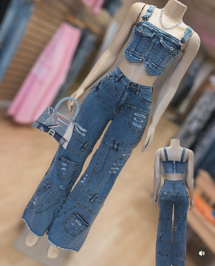 Buckle Strap Acid Wash Denim Crop Top