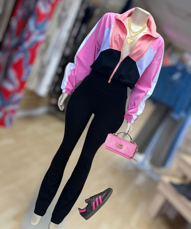 Cotton Color Block Pants and Jacket Set ( Pink)