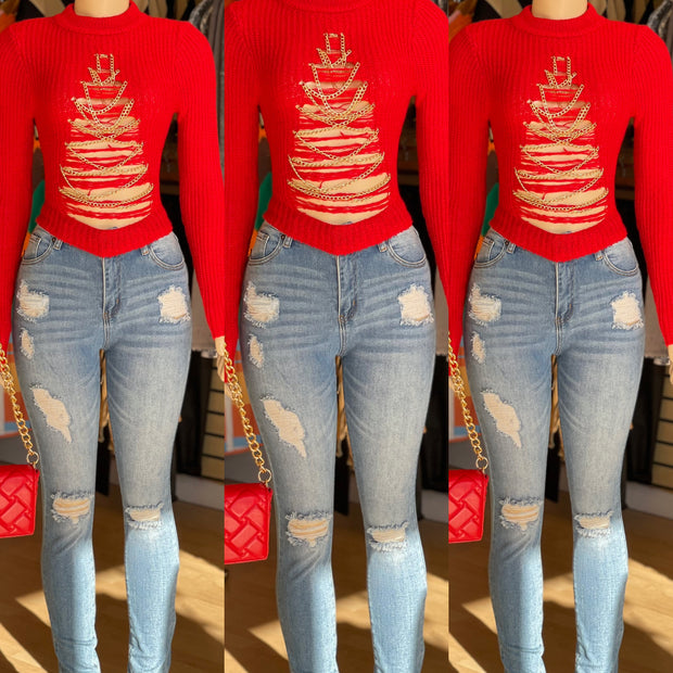 Long Sleeve Gold Chain Stress Top/ Sweater( Red)