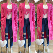 Thick Cable Long Vintage Sweater Cardigan (Valentines Day Pink)