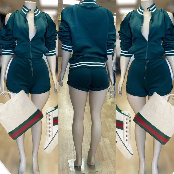 Open shoulder shorts and jacket set ( Green and white)