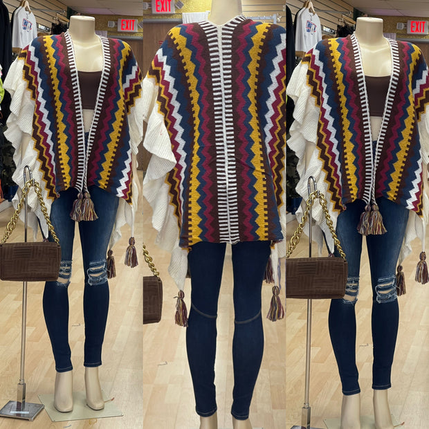 Tassel With Colors Poncho Cardigan (Brown and Gold)
