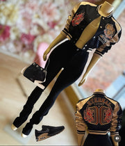Stand Up and Make A Statement Varsity Cropped Soft Satin Jacket ( Black)