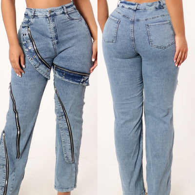 ACID WASH CARGO JEANS WITH ZIPPER TRIMS ( Denim )