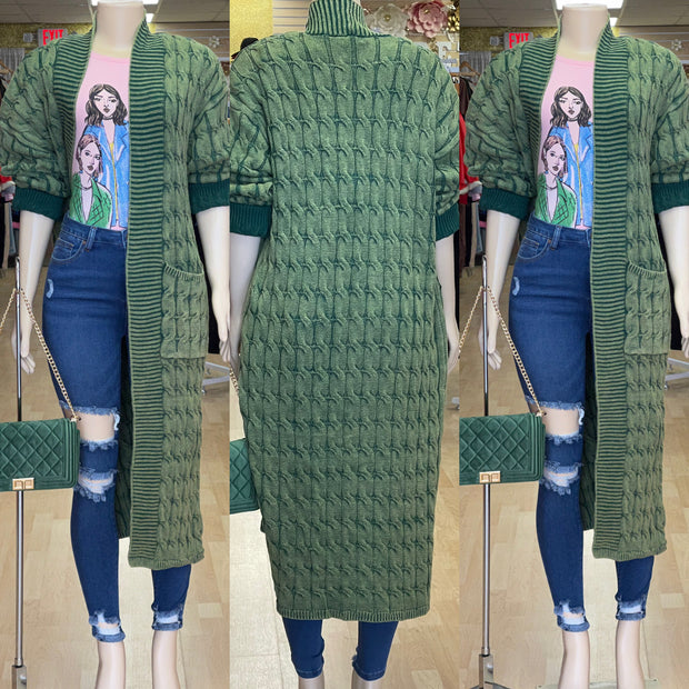 Thick Cable Long Vintage Sweater Cardigan (Green)