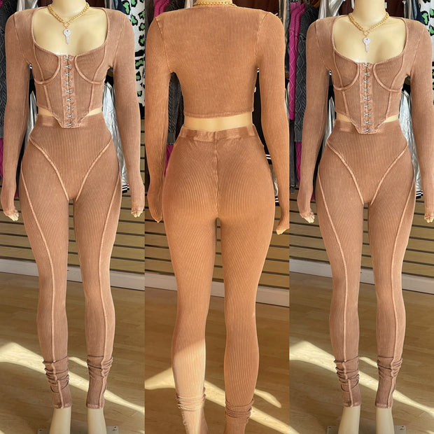 MINERAL WASHED TOP AND LEGGING SET( Tan)