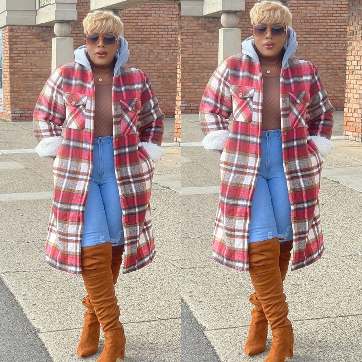 Extended Length Plaid Coat w/Hoodie