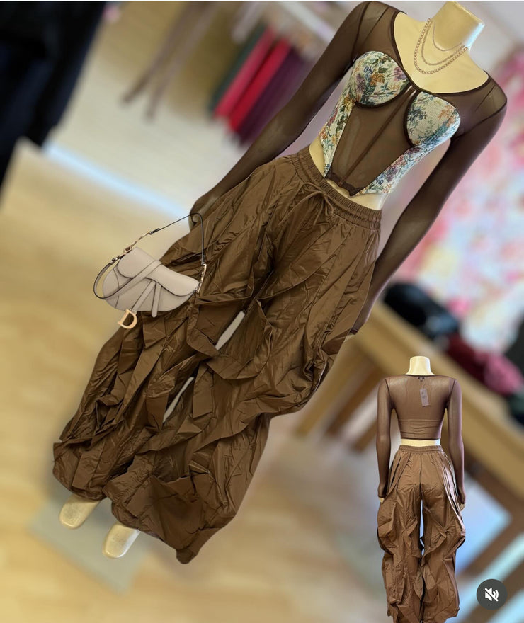 Mesh With Flower Detail Long Sleeve Corset TOP (Brown)