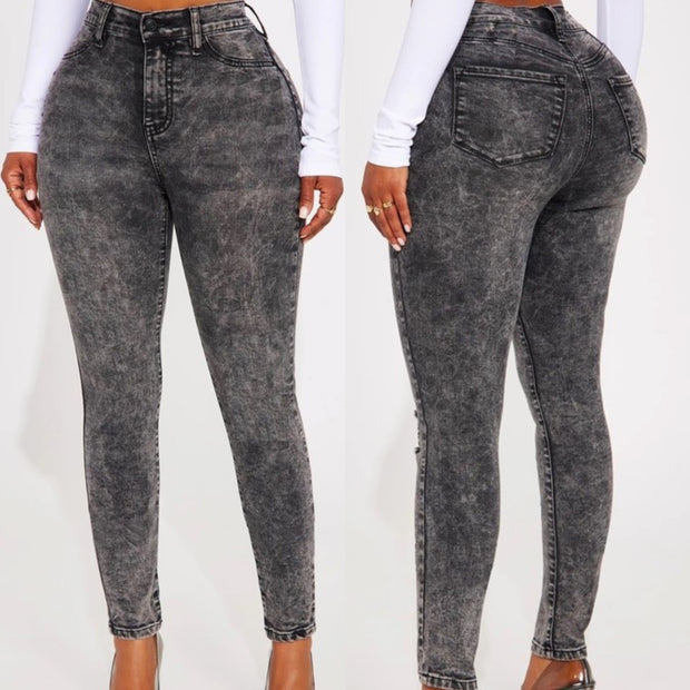 High Waisted Acid Black Washed Basic Skinny Jeans