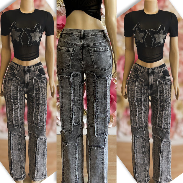 3D stitching Jeans ( Black)