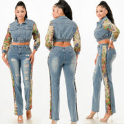 The Flower Print Detail Denim Jacket and Jean Set