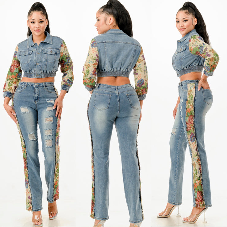 The Flower Print Detail Denim Jacket and Jean Set