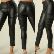 Cargo Style Side Pocket  Faux Leather Pants