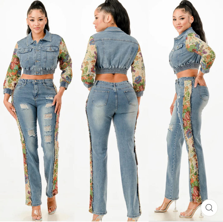 THE FLOWER PRINT DETAIL DENIM JACKET
