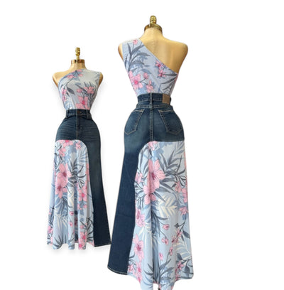 Denim One Shoulder Flower Bodysuit Skirt Set