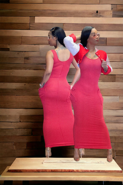 Side By Side Pocket Dress ( Red)
