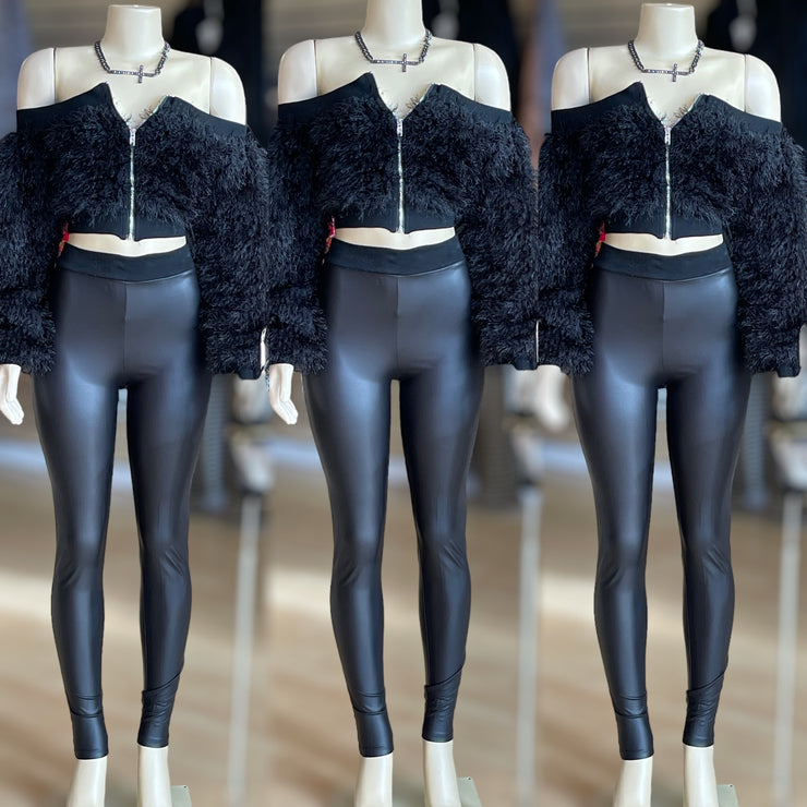 Fuzzy and Warm Faux Leather Set ( Black)