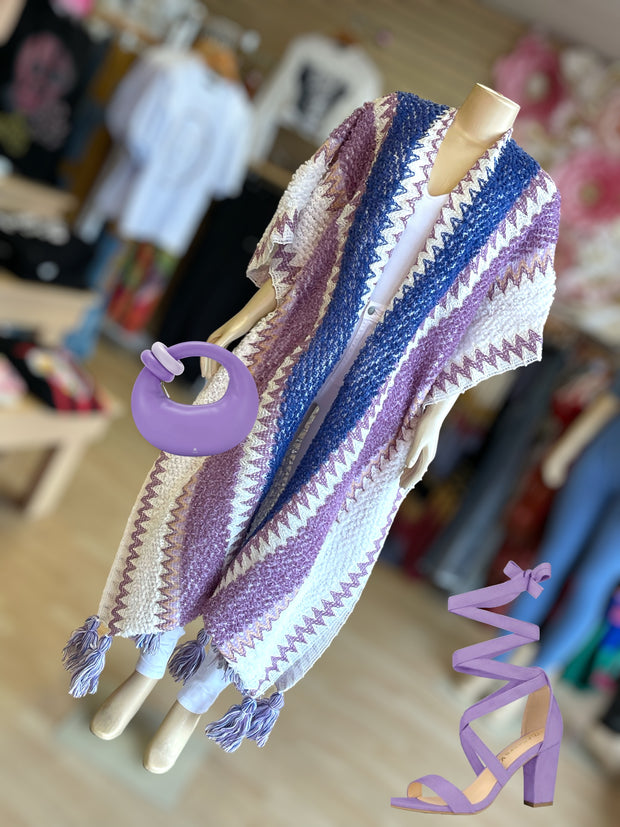 Long Tassel With Colors Poncho Cardigan (Purple)
