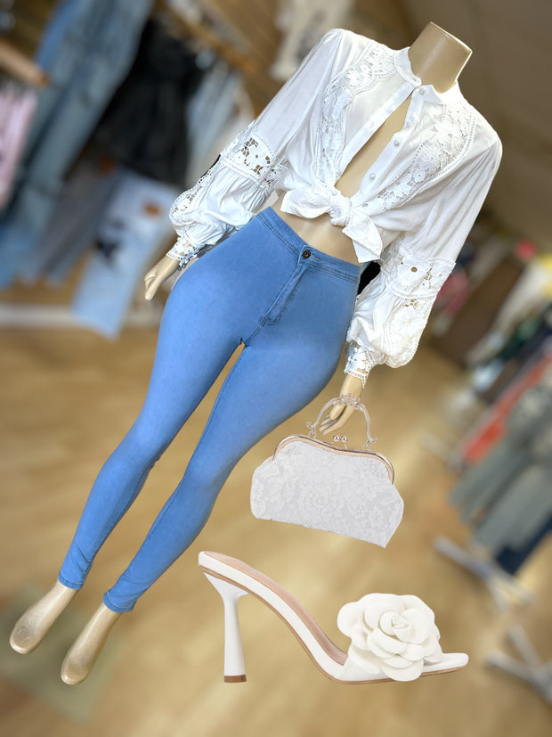 White Flower Detail Button Up