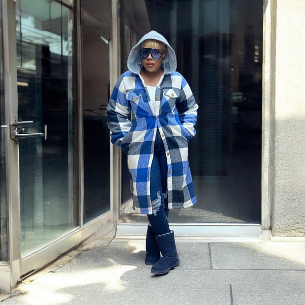 Extended Length Plaid Coat w/Hoodie (Shades of Blue)