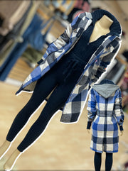 Extended Length Plaid Coat w/Hoodie (Shades of Blue)