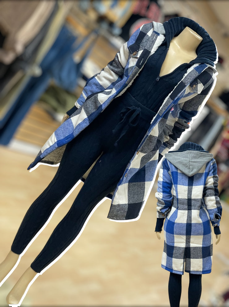 Extended Length Plaid Coat w/Hoodie (Shades of Blue)