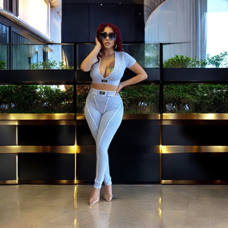 “Baddie” Stretch Top and Legging Set (Sky Blue)