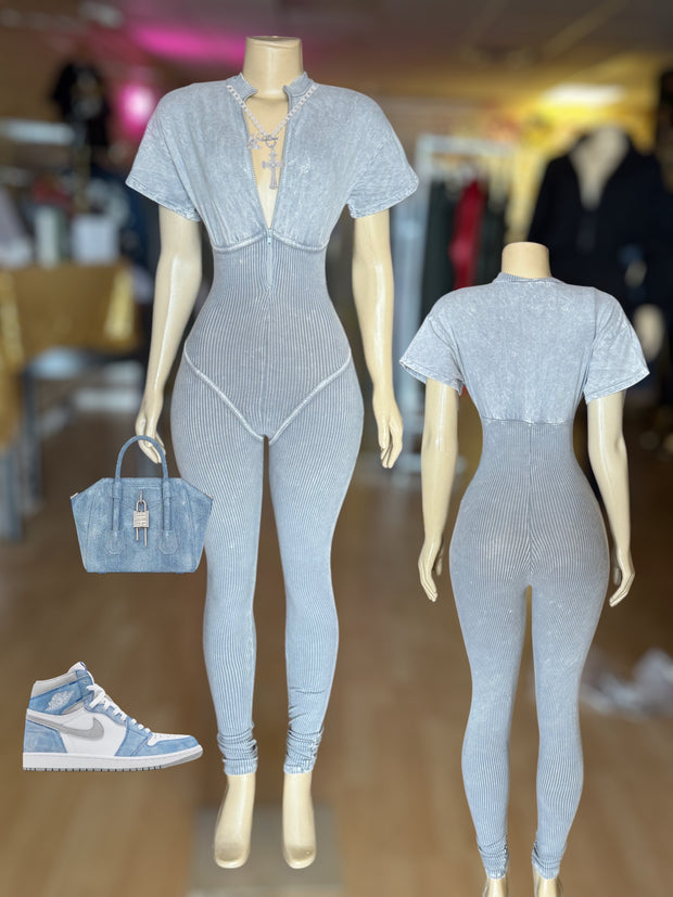 MINERAL WASHED SLIM WAIST RIBBED JUMPer ( Grey)