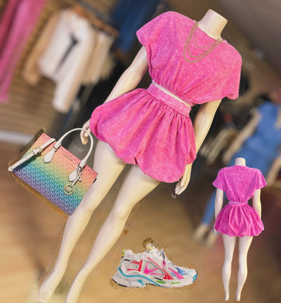 MINERAL WASHED CROP TOP AND PUMPKIN SKIRT SET ( Pink)