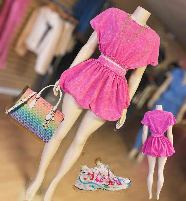 MINERAL WASHED CROP TOP AND PUMPKIN SKIRT SET ( Pink)