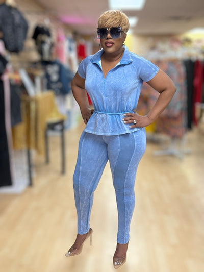 “Babydoll” Flare Stretch Top and Legging Set (Denim Blue)