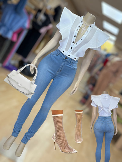 Mesh Middle With Ruffle Detail Bodysuit  ( White)