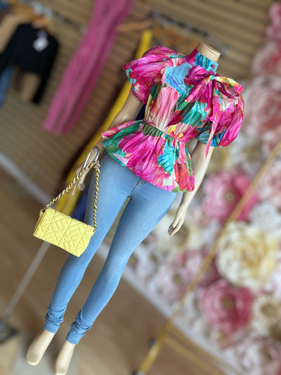 FLORAL PRINT FRONT BOW TIE MOCK NECK TOP