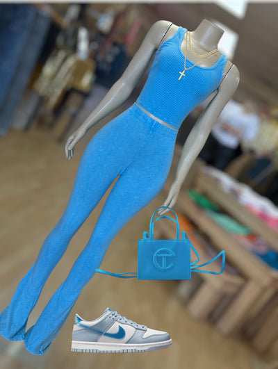 Mineral Washed Crop Tank And Straight Pant Set ( Blue)