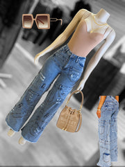 High Rise Medium Wash Custom Patchwork Wide Pants