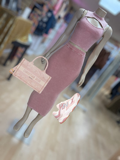 Keyhole Mineral Wash Top And Skirt Set ( Pink)