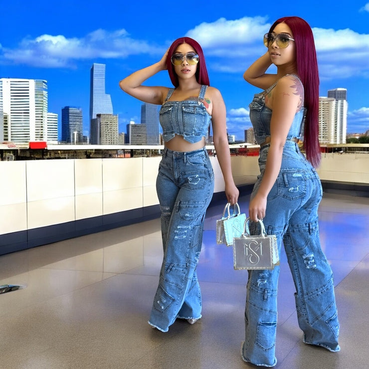 Buckle Strap Acid Wash Denim Crop Top