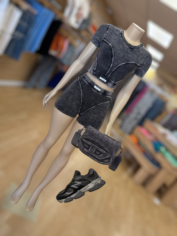 The Crop With The Shorts 2pc Set Mineral Wash ( Black)