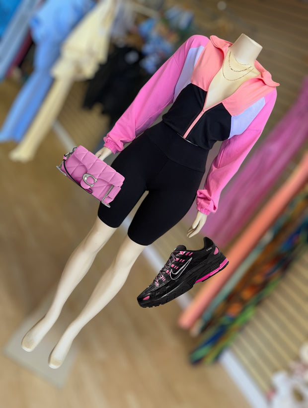 Color Block Relaxed Fit Top And Biker Short Set (PINK/BLACK)