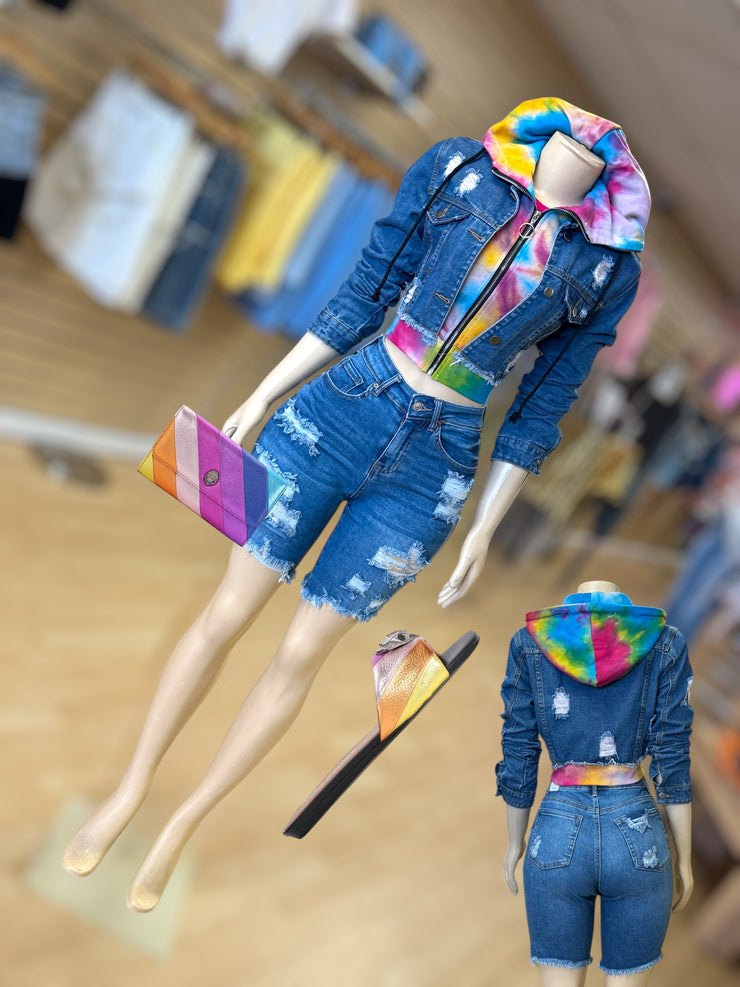 High Rise Distressed Biker Short Jean (Medium  Denim)