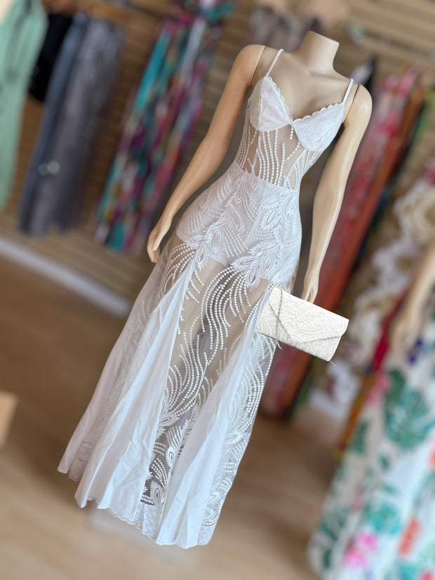 White Floral Pattern Organza Bustier Maxi Dress