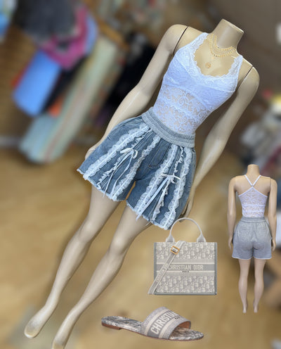 Lace Trim Ribbon Denim Shorts