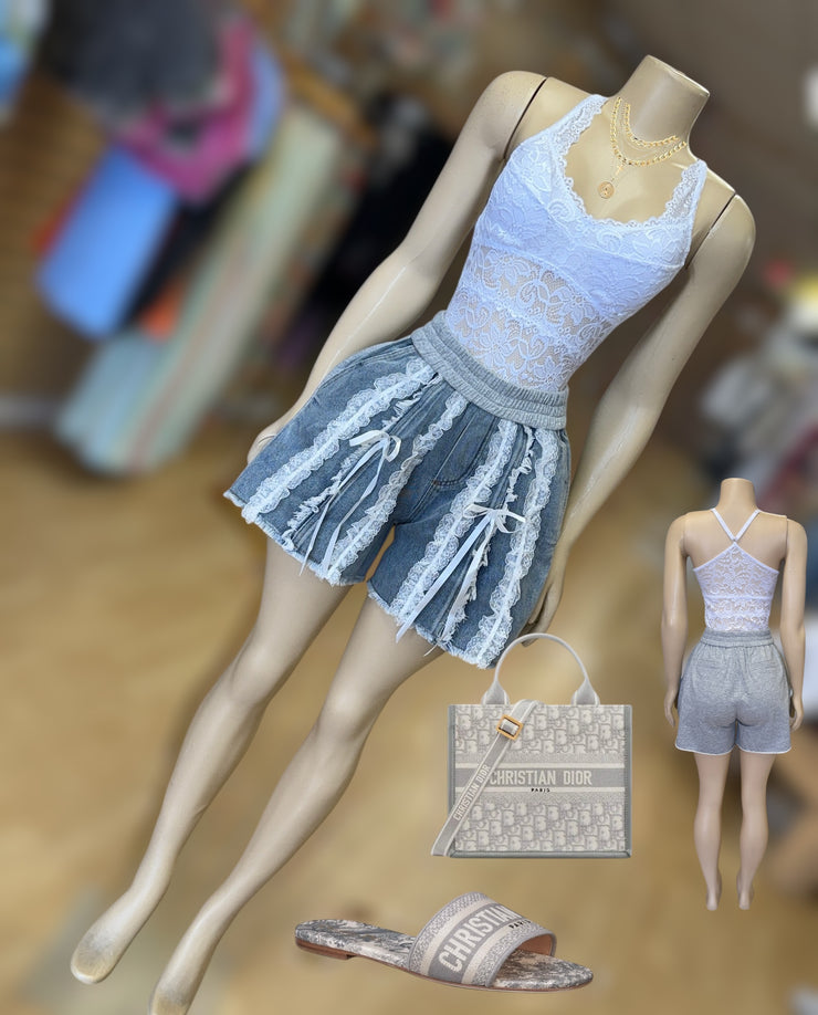 Lace Trim Ribbon Denim Shorts