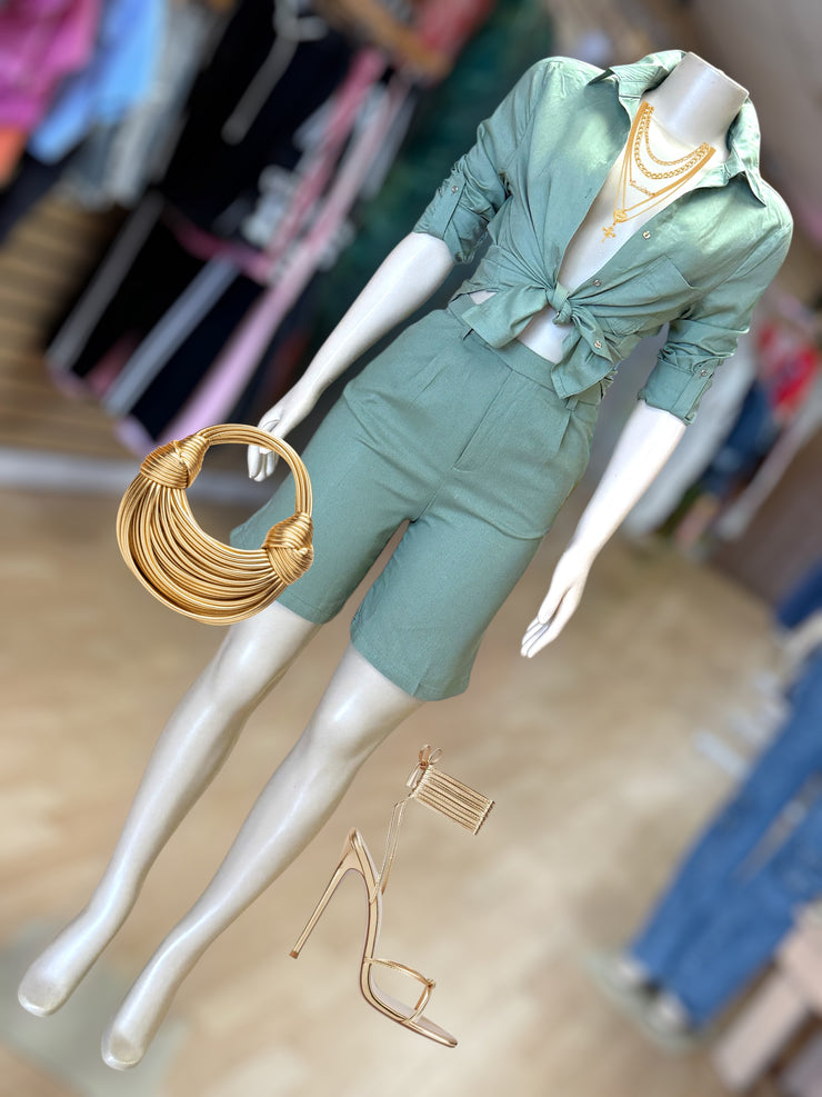 Roll-up Sleeve Linen Shirt And Biker  Short Set