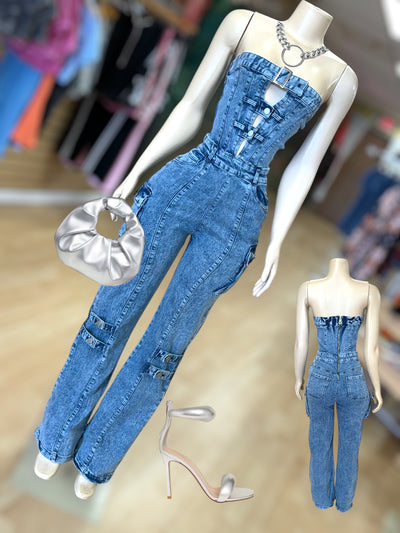 Strap Across Denim Jumper With Detail