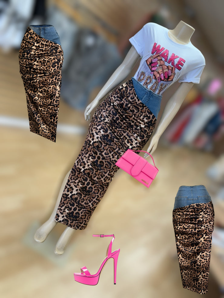 Asymmetrical Leopard Print Ruched Denim Skirt