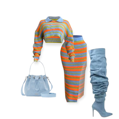 Fuzzy Striped Knit Two-piece Set
