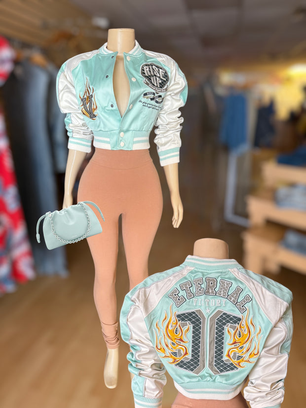 Stand Up andMake A Statement Varsity Cropped Soft Satin Jacket ( Light Blue)